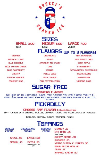 Breezy's Shaved Ice - Menu 1