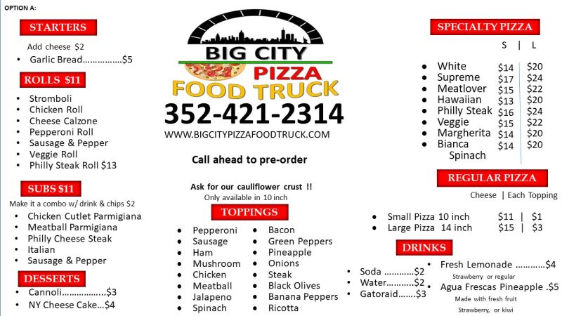 Big city pizza food truck - Menu 2